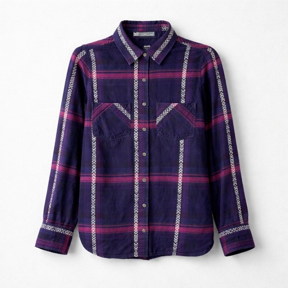 Maurices Western Plaid Flannel Shirt | Purple Boho Fair Isle Embroidered Top Sm